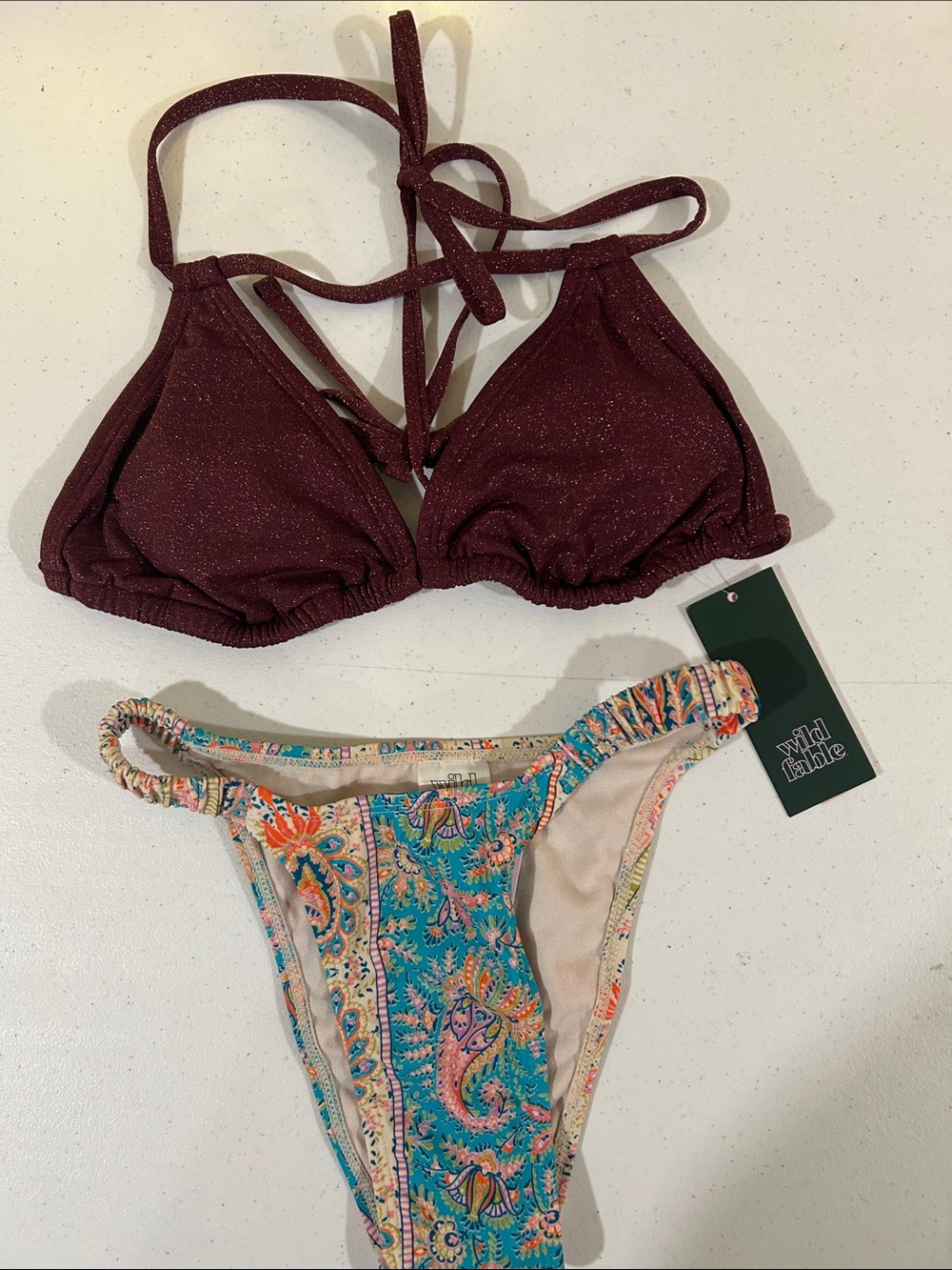 wild fable Maroon Shimmer Triangle Top with Teal Paisley Bottom
